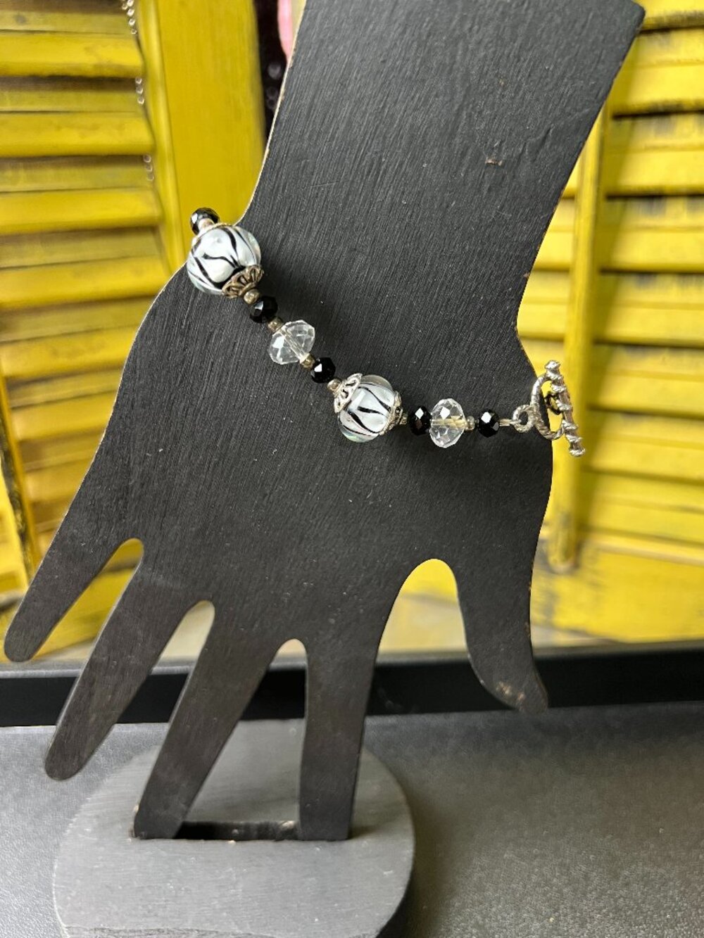 Artisan Glass and Silvertone Bracelet, Black and White